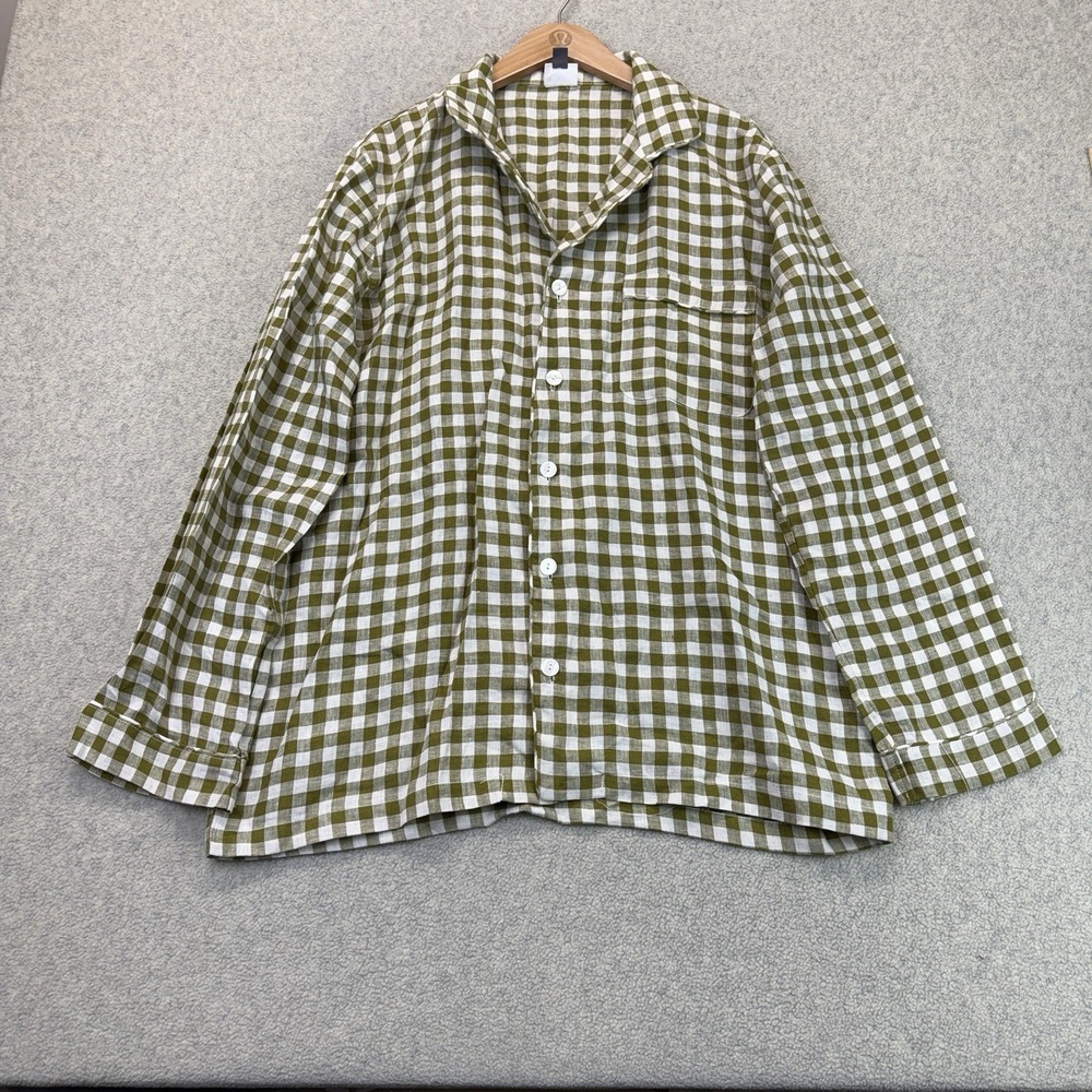 Piglet in Bed Men's Botanical Green Gingham 100% Linen Pajama Shirt Large